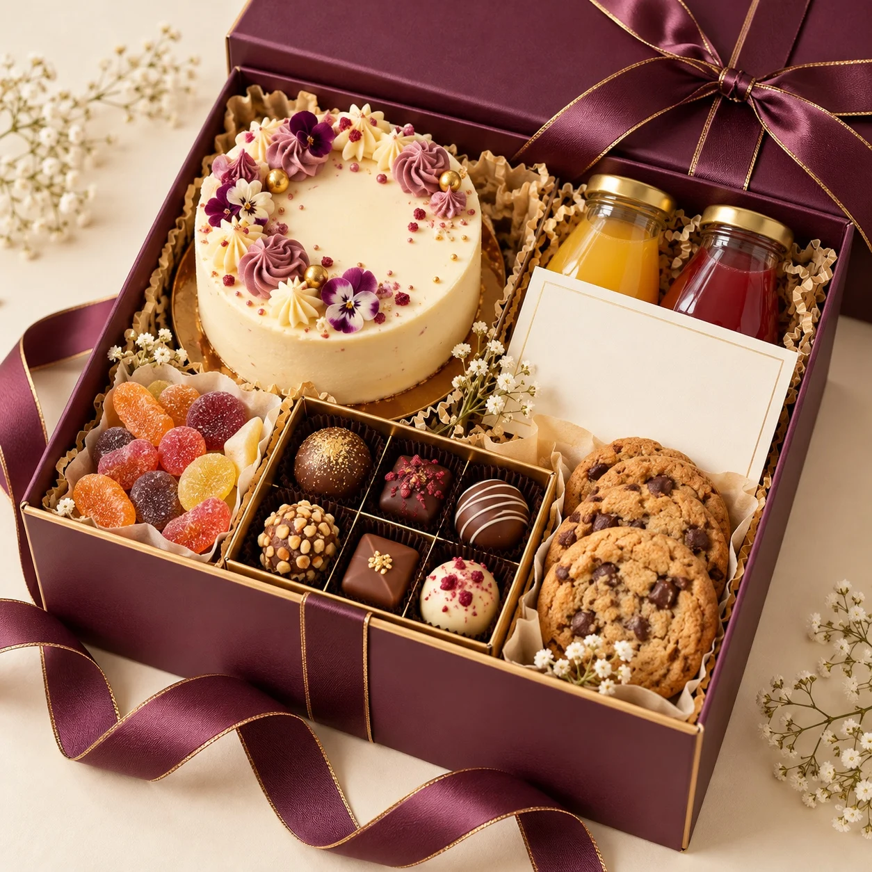 Coffret gourmand bordeaux avec gâteau, chocolats et douceurs